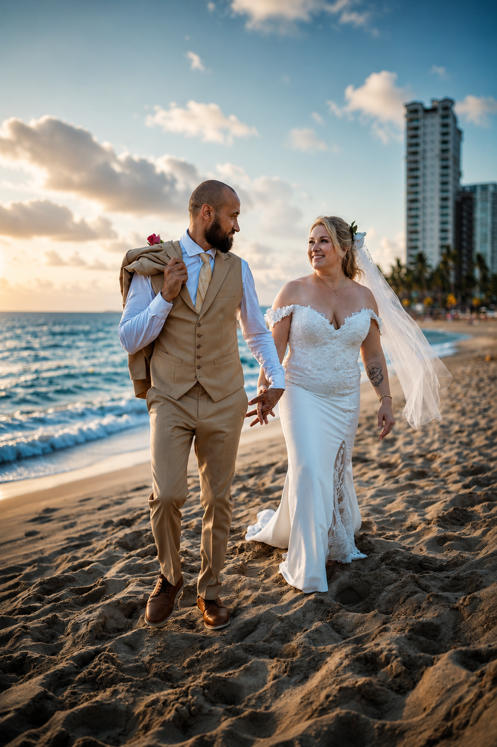 Wedding couple walking beside the water